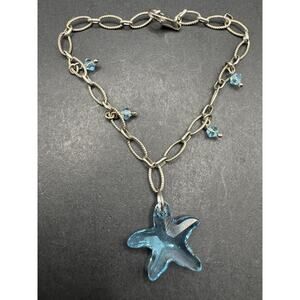 Vintage Sterling Silver 925 Starfish Aqua Blue Charm Bangle Bracelet Sz 7 3/4"
